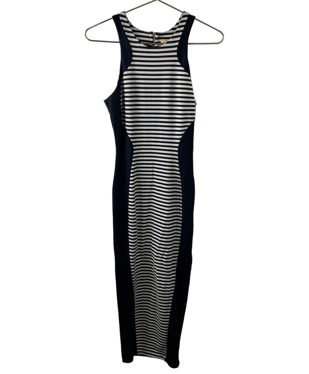 Ronny Kobo Blue White Striped Bodycon Dress Rayon Stretch Sleeveless Back Zip S